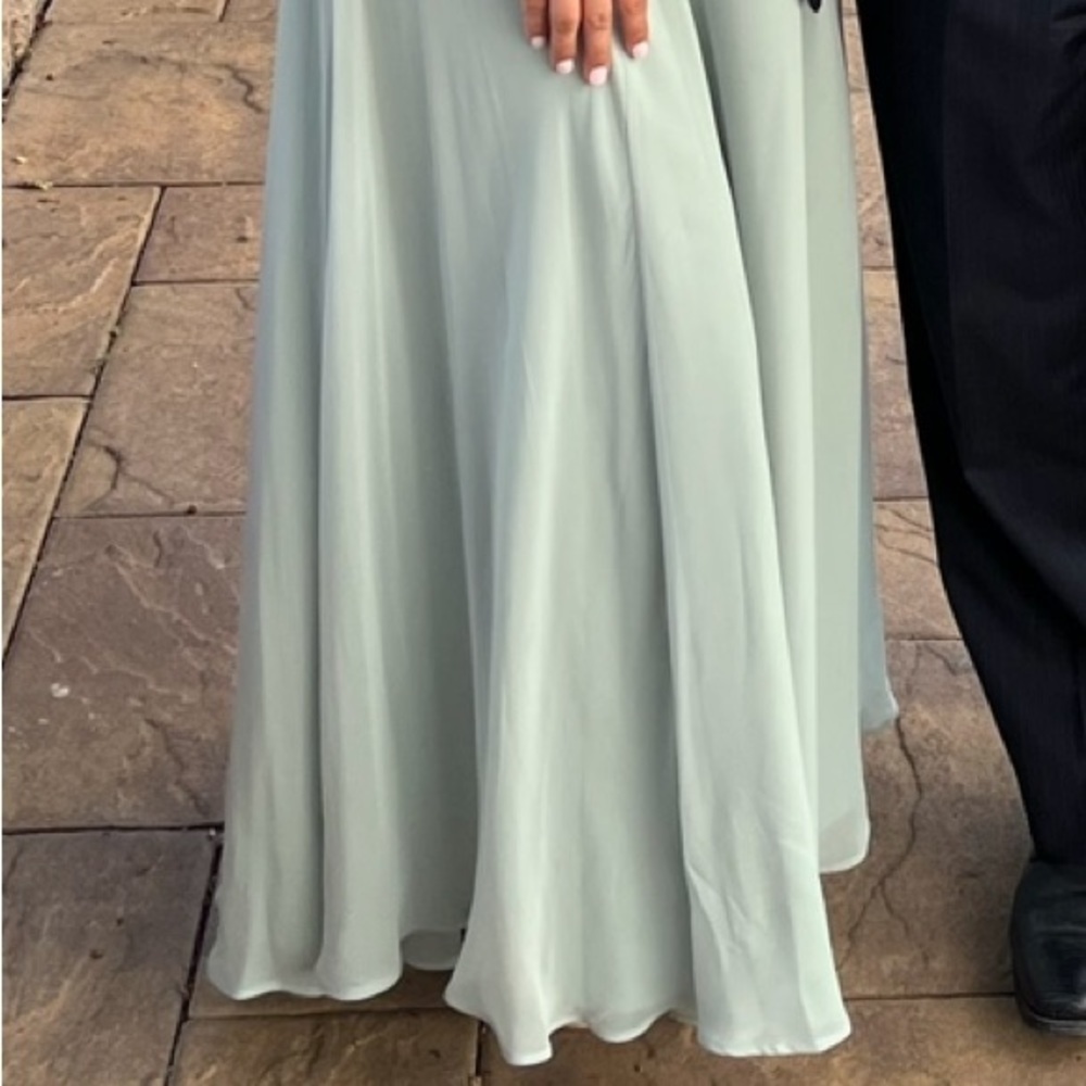 ✨HOST PICK✨David’s Bridal Dusty Sage Long Chiffon Surplice Tank Bridesmaid Dress - Picture 3 of 11